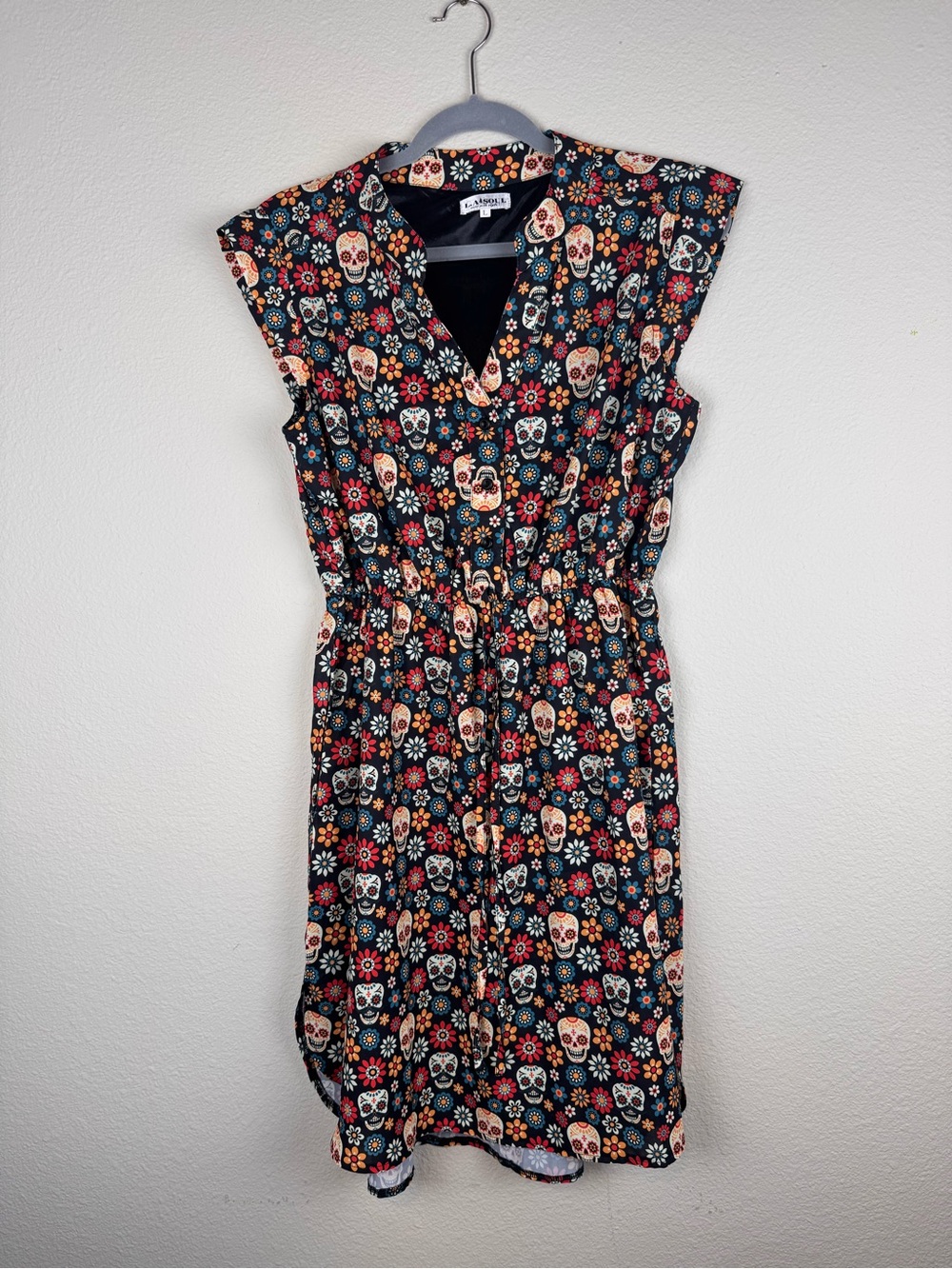 L.A. SOUL Women’s L Fit & Flare Knee-Length V-Neck Skull Floral Button Dress